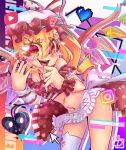  1girl alternate_costume apron bikini blonde_hair blush bow breasts cellphone crystal_wings cursor detached_sleeves face_filter fang fingernails flandre_scarlet frills hair_ornament hairclip hat heart instagram_logo internet_survivor karyodares medium_hair mob_cap multicolored_wings navel open_mouth phone polka_dot polka_dot_headwear polka_dot_shirt polka_dot_skirt red_bikini red_eyes red_nails red_wristband shirt side_ponytail skirt small_breasts smartphone smartphone_case solo stomach stomach_tattoo swimsuit tattoo teeth thighhighs tongue touhou upper_teeth waist_apron white_apron white_thighhighs wings youtube_logo 