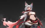 1girl absurdres animal_ears bandaged_arm bandaged_leg bandages bangs belt blunt_bangs breasts cape fox_ears fur_trim highres holding holding_sword holding_weapon large_breasts looking_at_viewer navel nipple_slip nipples original red_cape red_eyes red_scarf scarf short_hair skirt solo sword thigh_strap thighhighs torn_cape torn_clothes underboob weapon xiang_cheng_(nido) 