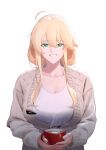  1girl absurdres ahoge artoria_pendragon_(fate) artoria_pendragon_(lancer)_(fate) bangs breasts casual cup fate/grand_order fate_(series) green_eyes grey_sweater hair_between_eyes hair_down highres holding holding_cup large_breasts long_sleeves looking_at_viewer mug n.e_(sakura-233) shirt sidelocks simple_background smile solo sweater swept_bangs upper_body white_background white_shirt 
