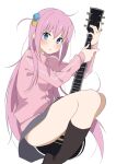  1girl bangs black_socks blue_eyes blush bocchi_the_rock! breasts closed_mouth cube_hair_ornament electric_guitar furuyama_itaru gotou_hitori grey_skirt guitar instrument jacket kneehighs long_hair long_sleeves looking_at_viewer lying on_side one_side_up pink_hair pink_jacket simple_background skirt small_breasts socks solo track_jacket v-shaped_eyebrows very_long_hair white_background 