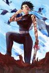  1girl belt bird blood blood_on_face blue_sky breasts burn_scar cloud cloudy_sky goose highres holding holding_sword holding_weapon jujutsu_kaisen looking_to_the_side medium_breasts scar scar_on_arm scar_on_face short_hair sky sleeveless sokora_hen solo spoilers sword weapon zen&#039;in_maki 