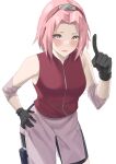 1girl absurdres alternate_eye_color bare_shoulders black_gloves black_shorts blush byeon_dha commentary cowboy_shot forehead gloves hairband hand_on_hip hand_up haruno_sakura highres index_finger_raised looking_at_viewer naruto_(series) naruto_shippuuden pink_eyes pink_hair pink_lips red_hairband red_shirt shirt shorts sleeveless sleeveless_shirt smile solo standing 