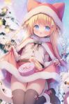  1girl :d animal_ears animal_hat bangs bell black_thighhighs blonde_hair blue_eyes blurry blurry_background bow box braid brown_footwear capelet cat_tail commentary day depth_of_field fake_animal_ears fur-trimmed_capelet fur-trimmed_headwear fur-trimmed_skirt fur_trim gift gift_box hair_bell hair_between_eyes hair_bow hair_ornament hairclip hat heart heart_hair_ornament jingle_bell long_hair long_sleeves looking_at_viewer original outdoors pink_bow red_capelet red_headwear red_skirt shirt shoes skirt skirt_basket sleeves_past_wrists smile snow snowing snowman solo striped striped_bow symbol-only_commentary tail thighhighs tree twin_braids usashiro_mani very_long_hair white_shirt 