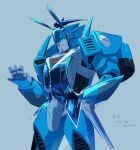  absurdres animal_ears autobot blue_background blue_eyes blue_vest blurr_(transformers) bunny_day clothed_robot dated fake_animal_ears hand_on_hip highres mecha no_humans open_hand parted_lips rabbit_ears robot science_fiction seikaigetsu signature simple_background smile smirk solo transformers vest 
