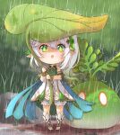  1girl absurdres bangs bloomers bracelet candy_rimo cape chibi commentary detached_sleeves dress english_commentary full_body genshin_impact gradient_hair green_eyes hair_between_eyes hair_ornament highres holding holding_leaf jewelry leaf leaf_umbrella long_hair looking_up multicolored_hair nahida_(genshin_impact) parody parted_lips pointy_ears rain short_sleeves side_ponytail sidelocks slime_(genshin_impact) standing symbol-shaped_pupils tonari_no_totoro underwear white_dress white_hair 