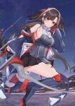  1girl absurdres azur_lane black_skirt boots bow_(weapon) breasts brown_hair from_side gloves half_gloves highres holding holding_bow_(weapon) holding_weapon independence_(azur_lane) knee_boots long_hair looking_at_viewer medium_breasts miniskirt red_eyes red_gloves rudder_footwear shian-chu skirt sleeveless solo weapon 