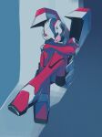  1girl arcee autobot blue_background blue_eyes crossed_legs curled_up hand_on_own_knee highres looking_down mecha red_lips robot science_fiction seikaigetsu signature sitting solo transformers transformers_animated 