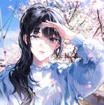  1girl arm_up bangs black_hair blue_shirt blunt_bangs character_request cherry_blossoms closed_mouth commentary_request day eoduun_badaui_deungbul-i_doeeo grey_eyes hair_over_shoulder highres korean_commentary long_hair long_sleeves outdoors petals shading_eyes shirt solo sulyeon311 upper_body utility_pole 