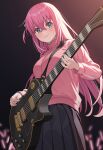  1girl black_background blue_eyes bocchi_the_rock! breasts cube_hair_ornament electric_guitar gibson_les_paul gotou_hitori goumudan gradient gradient_background grey_skirt guitar hair_between_eyes hair_cubes hair_ornament highres holding holding_instrument holding_plectrum instrument jacket large_breasts long_hair pink_background pink_hair pink_jacket pleated_skirt plectrum sidelocks simple_background skirt solo sweat sweatdrop track_jacket very_long_hair 