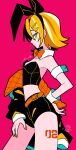 1girl :t absurdres animal_ears aqua_eyes arched_back arm_behind_back armpits bangs bare_arms bare_legs bare_shoulders belt belt_buckle black_bow black_jacket black_leotard black_shorts blonde_hair bow bowtie breasts buckle bunny_day candy cheek_bulge commentary contrapposto crop_top detached_collar food food_in_mouth hair_bow hair_ornament hairclip half-closed_eyes hand_on_hip hand_on_own_leg highres iroha_(hourai_24) jacket jacket_on_shoulders jacket_partially_removed kagamine_rin leg_tattoo leotard lollipop looking_at_viewer loose_clothes midriff mouth_hold narrow_waist navel number_tattoo open_clothes open_jacket orange_belt orange_bow orange_bowtie oversized_breast_cup pink_background pose puffy_cheeks rabbit_ears short_hair short_shorts shorts sideways_glance skinny small_breasts solo tattoo vocaloid wrist_cuffs 