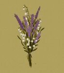  bouquet commentary commission english_commentary flower highres lavender_(flower) leaf libbyframe lily_of_the_valley no_humans original plant purple_flower signature simple_background still_life white_flower yellow_background 