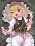 1girl absurdres apron black_shirt blonde_hair blush buttons flat_chest frills groping gunnjou_yosio hat highres kirisame_marisa open_mouth shirt short_hair short_sleeves solo suggestive_fluid tears tentacle_grab tentacles tentacles_under_clothes touhou trembling waist_apron white_apron white_sleeves witch_hat yellow_eyes 