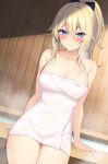  1girl absurdres arm_support bath blonde_hair blue_eyes blush bow breasts cleavage genshin_impact hair_bow hanpenmaru highres jean_(genshin_impact) large_breasts long_hair looking_at_viewer naked_towel ofuro ponytail smile steam towel water 