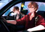  2boys aelous ahoge antenna_hair arms_up bangs black_gloves black_jacket blue_eyes blue_sky brown_hair brown_vest building buttons car car_interior city closed_mouth cloud cloudy_sky collarbone collared_jacket collared_shirt crystal crystal_earrings earrings genshin_impact gloves gradient gradient_hair ground_vehicle hair_between_eyes hand_on_own_face hand_up handlebar hands_up highres jacket jewelry long_hair long_sleeves looking_at_another looking_at_viewer male_focus motor_vehicle multicolored_hair multiple_boys no_headwear open_clothes open_jacket orange_hair pink_shirt ponytail red_shirt shirt short_hair sidelocks single_earring sitting sky skyscraper sleeves_rolled_up smile steering_wheel tartaglia_(genshin_impact) tassel tassel_earrings vest vision_(genshin_impact) wing_collar yellow_eyes zhongli_(genshin_impact) 