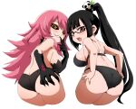  2girls ass black_bra black_hair black_panties black_sclera blazblue bra breasts colored_sclera from_behind glasses hair_over_one_eye konoe_a._mercury large_breasts litchi_faye_ling long_hair looking_at_viewer looking_back multiple_girls open_mouth panties pink_hair semi-rimless_eyewear side_ponytail simple_background smile thong tongue under-rim_eyewear underwear underwear_only very_long_hair white_background yellow_eyes yuuya_(blue_scarab) 