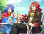  2boys absurdres arvis_(fire_emblem) betabetamaru biscuit_(bread) blue_eyes blue_hair crossover cup fire_emblem fire_emblem:_genealogy_of_the_holy_war highres holding holding_cup long_hair multiple_boys open_mouth red_eyes red_hair scone sitting smile tea_party tea_set 