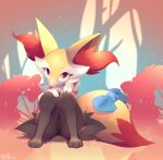 1girl animal_ear_fluff animal_ears animal_feet animal_hands animal_nose artist_name b-epon black_fur blue_bow body_fur bow bracelet braixen bush claws closed_mouth commentary dated day english_commentary feet fox_ears fox_girl fox_tail full_body fur_collar furry furry_female grass hands_on_own_knees hands_up happy highres jewelry knees_together_feet_apart knees_up looking_at_viewer multicolored_fur outdoors pokemon pokemon_(creature) red_eyes signature sitting smile snout solo tail tail_bow tail_ornament white_fur yellow_fur 