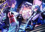  3girls absurdres ahoge alternate_costume ass bangs billboard blue_hair blurry building cameo can cola collei_(genshin_impact) commentary company_connection cone_hair_bun contemporary crossed_arms crossover depth_of_field double_bun elysia_(herrscher_of_human:ego)_(honkai_impact) elysia_(honkai_impact) english_commentary english_text ganyu_(genshin_impact) genshin_impact grey_eyes gun hair_between_eyes hair_bun hair_ornament highres holding holding_can honkai_(series) honkai_impact_3rd horns keqing_(genshin_impact) long_hair long_sleeves looking_at_viewer mhunter_45 mihoyo multiple_girls necktie night night_sky ningguang_(genshin_impact) orange_eyes purple_eyes purple_hair rifle side_slit sidelocks sitting sky skyline skyscraper smile sniper_rifle sniper_scope soda_can tighnari_(genshin_impact) twintails weapon white_hair zhongli_(genshin_impact) 