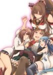  4girls bangs black_sailor_collar black_thighhighs blue_eyes blue_hair breasts brown_eyes brown_hair brown_thighhighs cherry_blossoms detached_sleeves dress flipped_hair flower gradient_hair green_skirt grey_neckerchief hair_flower hair_ornament happy_birthday headgear hiei_(kancolle) hug japanese_clothes kantai_collection large_breasts long_hair multicolored_hair multiple_girls neckerchief plaid plaid_skirt ponytail purple_eyes ribbon-trimmed_sleeves ribbon_trim sailor_collar sailor_dress sakuramon samidare_(kancolle) shirt short_hair simple_background skirt sleeveless sleeveless_shirt swept_bangs thighhighs udukikosuke very_long_hair white_background yamato_(kancolle) yamato_kai_ni_(kancolle) yukikaze_(kancolle) yukikaze_kai_ni_(kancolle) 