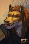  2022 ambiguous_gender anthro blep blue_eyes brown_hair clothed clothing digital_media_(artwork) fur hair hi_res smile solo tatiilange teeth tongue tongue_out whiskerrs white_body white_fur 