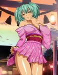  1girl ahoge alternate_costume aqua_hair bangs breasts cleavage clothes_lift collarbone cowboy_shot dusk floral_print green_eyes hair_between_eyes ikkitousen japanese_clothes kimono large_breasts lifted_by_self long_hair long_sleeves looking_at_viewer miniskirt off_shoulder orange_sky panties panty_peek parted_lips pink_kimono pink_skirt pleated_skirt print_skirt print_sleeves ryofu_housen shiny shiny_hair shiny_skin skirt skirt_lift sky smile solo standing thigh_gap torii twintails underwear wide_sleeves 