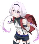  .live 1girl backpack bag belt blue_belt blue_eyes breasts carro_pino cowboy_shot crime_prevention_buzzer detached_sleeves garter_straps highres low_twintails multicolored_eyes multicolored_hair navel purple_eyes purple_hair randoseru short_shorts shorts small_breasts solo suspenders tama_(tamago) thighhighs twintails two-tone_hair virtual_youtuber 