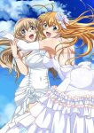  2girls :d antenna_hair back_bow bangs blonde_hair blue_eyes blue_sky bow breasts cloud covered_navel day dress earrings elbow_gloves fang floating_hair flower gloves hair_between_eyes hair_flower hair_ornament hairband ikkitousen jewelry large_breasts lens_flare long_dress long_hair looking_at_viewer magatama magatama_earrings multiple_girls open_mouth red_hairband ribbon shiny shiny_hair shoulder_blades siblings sideboob sisters sky smile sonken_chuubou sonsaku_hakufu strapless strapless_dress very_long_hair wedding_dress white_bow white_dress white_flower white_gloves white_ribbon wrist_ribbon 