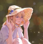  1boy absurdres alternate_costume basil_(omori) blonde_hair blue_eyes closed_mouth hat highres light_smile looking_away nomurai omori shirt short_hair short_sleeves solo sun_hat white_shirt 