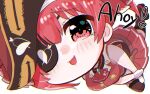  1girl arrow_through_heart bicorne blush_stickers chibi eyepatch foreshortening from_above hat hololive houshou_marine looking_at_viewer nabe_(nabe_otome) pirate pirate_hat red_eyes red_skirt skirt sleeveless solo virtual_youtuber 