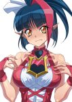  1girl absurdres bare_shoulders black_hair blush breasts closed_mouth fang fingerless_gloves gloves hair_ribbon highres large_breasts looking_at_viewer millaarc multicolored_hair pointy_ears red_gloves red_hair ribbon senki_zesshou_symphogear simple_background smile solo syunzou white_background yellow_eyes 