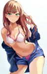  1girl absurdres bikini bikini_under_clothes blue_jacket blush borrowed_garments breasts brown_hair cleavage denim denim_shorts green_eyes gridman_universe hair_ornament hairclip hand_on_own_thigh highres jacket long_hair minami_yume navel pink_bikini sakamoto_(ojiojiojisanda) shorts ssss.dynazenon swimsuit 