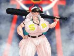  2022 absurd_res athletic athletic_female athletic_humanoid baseball_cap baseball_uniform big_breasts big_butt breasts brown_eyes bubble_butt butt cleavage clothed clothing club_(weapon) curvaceous curvy_figure detailed_background digital_drawing_(artwork) digital_media_(artwork) ear_piercing ear_ring eyelashes female fingers hair hand_on_hip hand_on_own_hip hat headgear headwear hi_res highlights_(coloring) horn horned_humanoid huge_breasts huge_butt humanoid light-skinned_female light_body light_skin long_hair looking_at_viewer melee_weapon multicolored_hair muscular muscular_female muscular_humanoid not_furry one_piece piercing ring_piercing smile solo sportswear teal_hair teal_highlights teeth thebigbadwolf01 thick_thighs two_tone_hair uniform voluptuous weapon white_hair wide_hips yamato_(one_piece) 