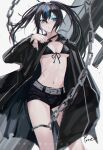  1girl absurdres bangs belt belt_buckle bikini bikini_top_only black_bikini black_coat black_hair black_ribbon black_rock_shooter black_rock_shooter_(character) black_shorts blue_eyes breasts buckle chain character_name cleavage coat copyright_name flaming_eye floating_hair front-tie_bikini_top front-tie_top grey_belt hair_between_eyes highres long_hair looking_at_viewer medium_breasts open_clothes open_coat parted_lips ribbon short_shorts shorts solo standing swimsuit twintails underboob yougashi 