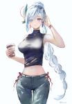  1girl absurdres alternate_costume bare_arms bare_shoulders black_shirt blue_eyes blue_nails breasts coffee_cup commentary_request cowboy_shot crop_top cup disposable_cup earrings fujito_(call_f_) genshin_impact grey_pants hair_bun hair_ornament hair_over_one_eye half_updo highres holding holding_cup jewelry large_breasts long_braid long_hair looking_at_viewer midriff nail_polish navel pants shenhe_(genshin_impact) shirt sleeveless sleeveless_shirt solo standing stomach turtleneck very_long_hair white_hair 