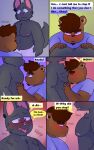  anthro blush bottomwear brown_body brown_fur clothed clothing comic dialogue digital_media_(artwork) duo ear_piercing english_text facial_hair fur grey_body grey_fur hair hi_res hybrid juno_(sleepywozzy) klenn_(sleepywozzy) male male/male mammal mature_anthro mature_male muscular muscular_anthro muscular_male nipple_piercing nipples open_mouth overweight overweight_anthro overweight_male pecs piercing red_eyes ring_piercing simple_background sleepywozzy smile solo text tongue topwear ursid 