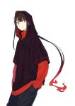  1boy bangs black_hair black_pants coffeekite fate/grand_order fate_(series) fiery_hair hands_in_pockets highres hood hood_up hooded_shirt koha-ace layered_clothes long_hair long_sleeves looking_at_viewer oda_nobukatsu_(fate) pants ponytail red_eyes red_sweater short_sleeves sidelocks smile solo sweater turtleneck turtleneck_sweater very_long_hair 