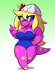  2017 anthro bonk_(series) breasts cleavage clothed clothing dinosaur eggshell eyewear female gradient_background greliz hand_on_hip one-piece_swimsuit open_mouth princess_za psudo_za purple_body reptile scalie simple_background solo sunglasses swimwear turbografx-16 
