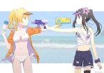  2girls aiming akemi_homura alternate_costume at_gunpoint bikini bikini_under_clothes black_hair blonde_hair breasts cleavage closed_mouth cowboy_shot flower from_side hair_flower hair_ornament highres letterboxed mahou_shoujo_madoka_magica meso3 mexican_standoff multiple_girls navel photo_background purple_eyes shirt shorts small_breasts smile swimsuit tied_shirt tomoe_mami twintails twitter_username visor_cap water_gun white_background white_bikini yellow_eyes 