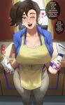  1girl absurdres apron bangs blush breasts brown_eyes brown_hair cleavage collared_shirt earrings echo_saber highres huge_breasts jewelry long_sleeves looking_at_viewer mature_female medium_hair open_mouth paldea_mother parted_bangs pokemon pokemon_(game) pokemon_sv ponytail shirt smile solo thick_thighs thighs yellow_apron 