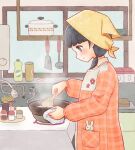  1girl apron bangs black_eyes black_hair blunt_bangs blush condiment cooking hotori_(tdkbank) indoors kappougi kitchen ladle medium_hair original plaid pocket profile sink smile soy_sauce spatula standing yellow_headwear 