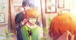  2boys ahoge aoi_kyosuke blue_eyes bookshelf fingernails glasses green-framed_eyewear hair_between_eyes highres idolmaster idolmaster_side-m idolmaster_side-m_growing_stars long_sleeves looking_at_mirror male_focus mirror multiple_boys nervous_smile official_art orange_eyes orange_hair picture_frame plant plant_print print_shirt reflection shirt smile undershirt 