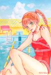  1girl artist_name bench braid braided_ponytail breasts brown_hair cloud day earrings fence freckles green_eyes hairband hand_on_own_leg highres jewelry lane_line original outdoors pool pool_ladder red_one-piece_swimsuit sitting small_breasts solo swimsuit traditional_media water yamatotsubame 