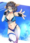  1girl absurdres alternate_costume bikini black_hair blue_background blue_bikini glasses green-framed_eyewear hairband headgear highres kantai_collection kirishima_(kancolle) short_hair solo standing standing_on_one_leg swimsuit thighhighs white_background white_thighhighs yashin_(yasinz) 