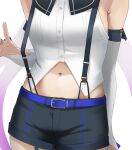  .live 1girl armpit_crease belt blue_belt breasts carro_pino detached_sleeves head_out_of_frame highres jewelry navel ring short_shorts shorts small_breasts solo suspenders_pull tama_(tamago) upper_body virtual_youtuber 