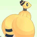  ampharos anthro backsack balls big_butt black_sclera butt generation_2_pokemon genitals hi_res male nintendo noirnoir nude pokemon pokemon_(species) rear_view simple_background smile solo stripes thick_tail thick_thighs video_games wide_hips yellow_body yellow_skin 