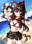  1girl :d alternate_costume alternate_hairstyle amber_(genshin_impact) bag bangs baron_bunny_(genshin_impact) beach black_hair blue_sky blurry breasts brown_eyes cleavage cloud cloudy_sky commentary_request depth_of_field esto_0079 genshin_impact goggles goggles_on_head grin hair_between_eyes highres horizon long_hair looking_at_viewer midriff nail_polish ocean ponytail ribbon short_shorts short_sleeves shorts sidelocks sky smile solo stomach stuffed_animal stuffed_bunny stuffed_toy v vision_(genshin_impact) 