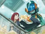  1girl angel_wings canti flcl halo holding humanoid_robot indoors pakkun red_hair robot sailor_collar samejima_mamimi school_uniform science_fiction shopping white_sailor_collar wings 