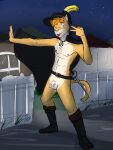  anthro balls belt boots circumcised cloak clothing cosplay felid feline fence flaccid footwear fuze genitals hat headgear headwear hi_res humanoid_genitalia humanoid_penis male mammal melee_weapon mostly_nude night nipples one_eye_closed outside penis pose rapier solo sword tongue tongue_out weapon wink 