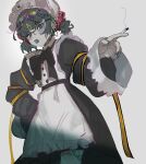  1girl bags_under_eyes bangs black_hair cigarette dress highres holding holding_cigarette indie_virtual_youtuber jiangshi long_sleeves looking_at_viewer maid maid_headdress medium_hair open_mouth seimannu smoke solo virtual_youtuber wide_sleeves yellow_eyes yosumi_(vtuber) 