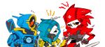  1girl 2boys android anger_vein animification apex_legends ash_(titanfall_2) bandana black_sclera chibi chinese_commentary colored_sclera hood hood_up humanoid_robot metal_skin multiple_boys one-eyed open_hand pathfinder_(apex_legends) red_bandana revenant_(apex_legends) robot ruu47 simulacrum_(titanfall) sweatdrop white_background yellow_eyes 